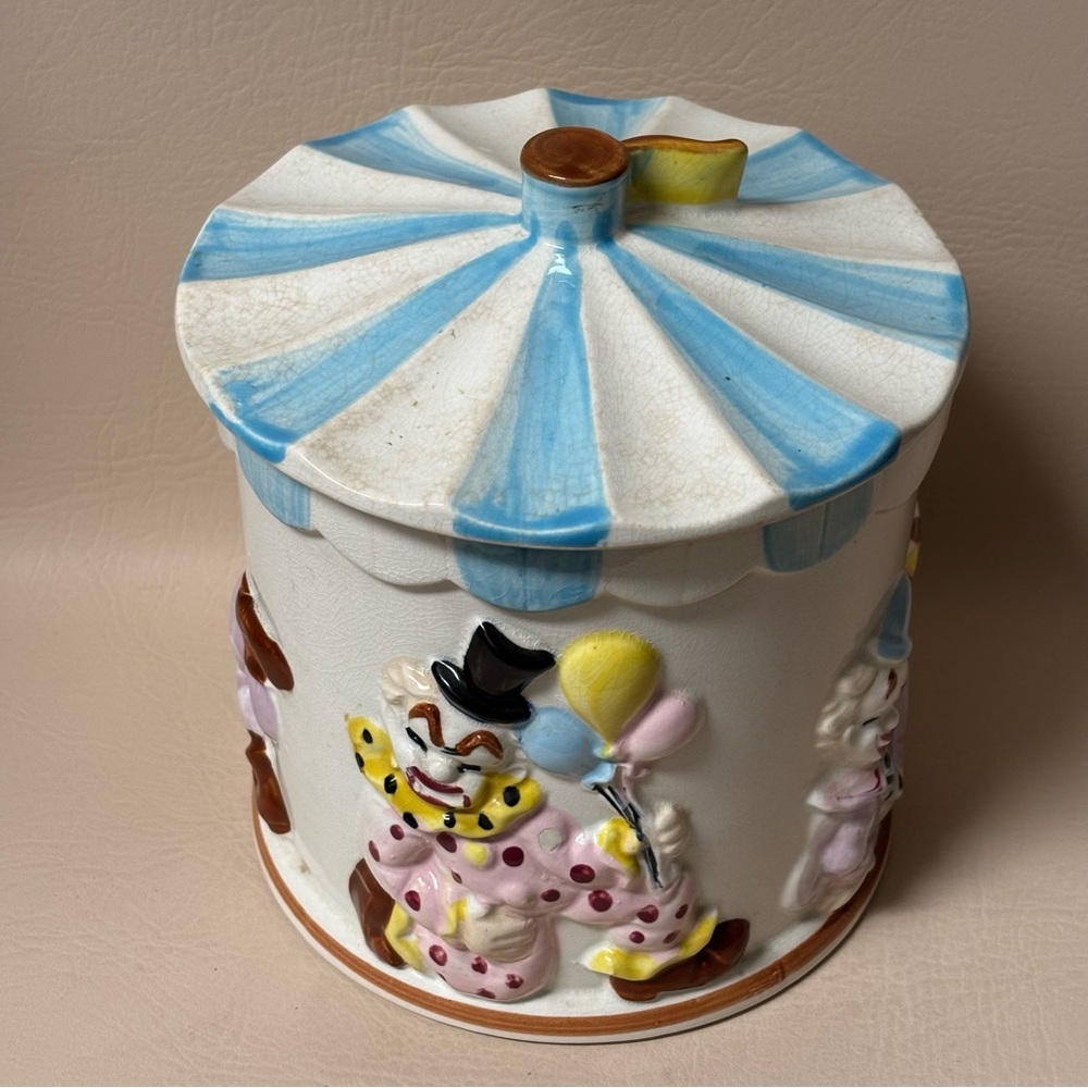 Vintage Clown Cookie Jar Ceramic Circus Tent Whimsical Playful Blue stripe - Picture 2 of 8